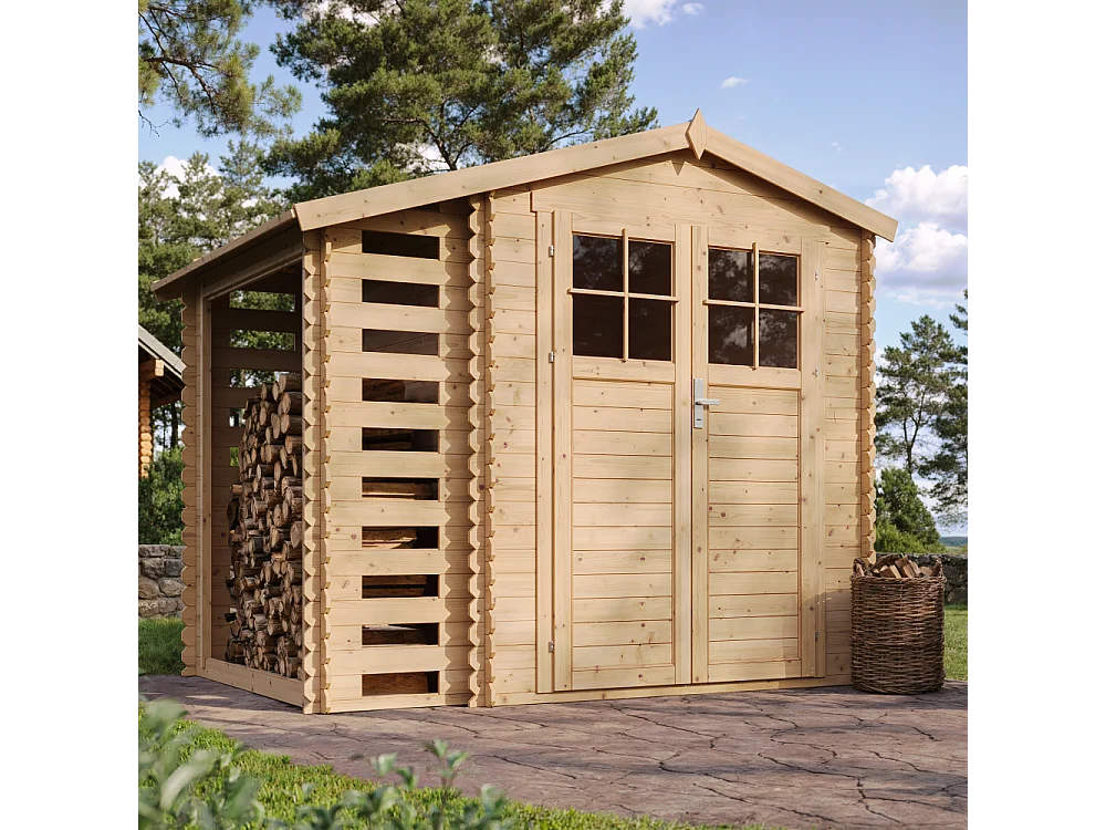 Holzhaus gartenhaus mit brennholzschuppen, hochwertige abschließbare tür und boden imprägnierte - 3.53+0.97 m² - M386F+M386G