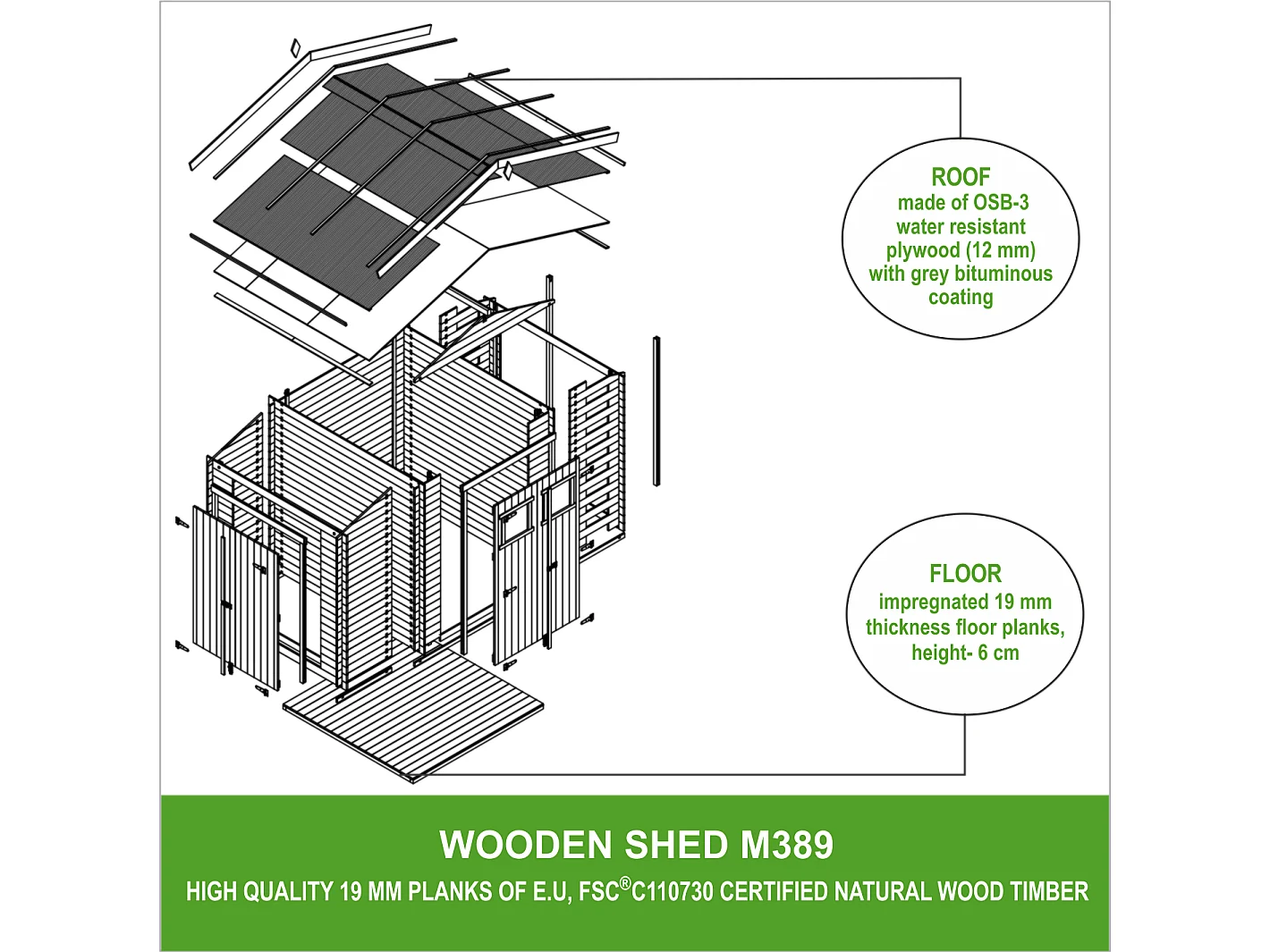 Timbela M389+M389G - Houten tuinhuis-brandhoutschuurtje 5,41 m2 - met geimpregneerde vloer