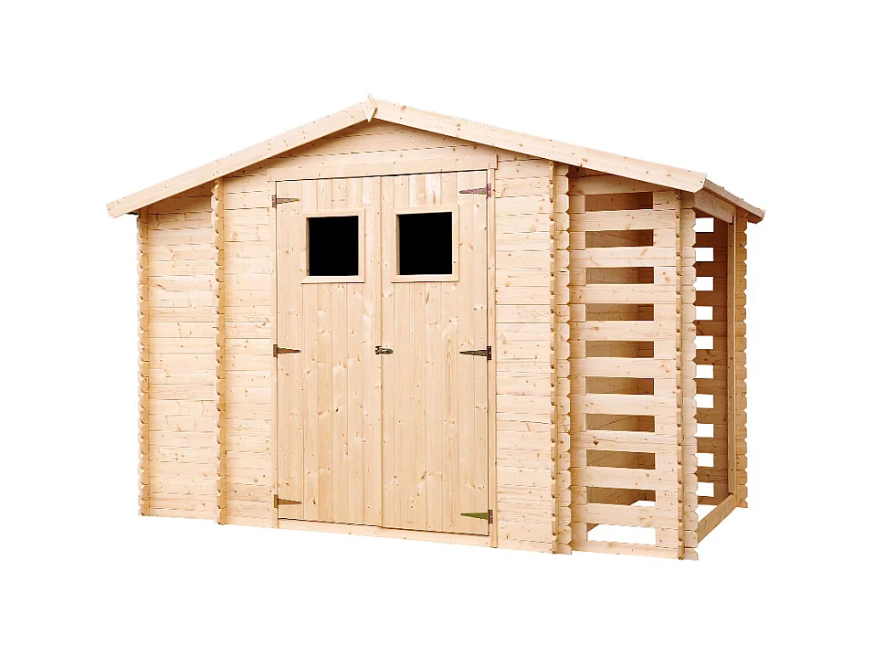 Abri de jardin en bois et range bûches AVEC SOL TRAITÉ - 3,53 + 0,97+0,97 m2 -  TIMBELA M389