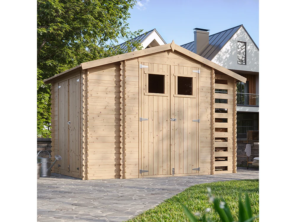 Houten tuinhuis-brandhoutschuurtje met geimpregneerde vloer - 5.41 m² - M389+M389G