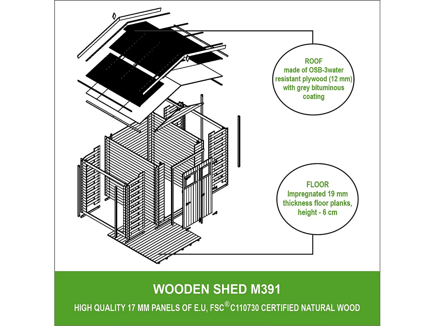 Abri de jardin en bois et range bûches extérieur AVEC SOL TRAITÉ - 3,53 + 0,97+0,97 m2 - TIMBELA M391+M391G