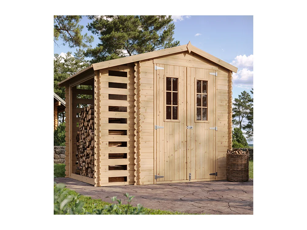 TIMBELA Gartenhaus Holz Mit Brennholzschuppen M386C+M386G - mit Boden Imprägnierte - 3,53 + 0,97 m2