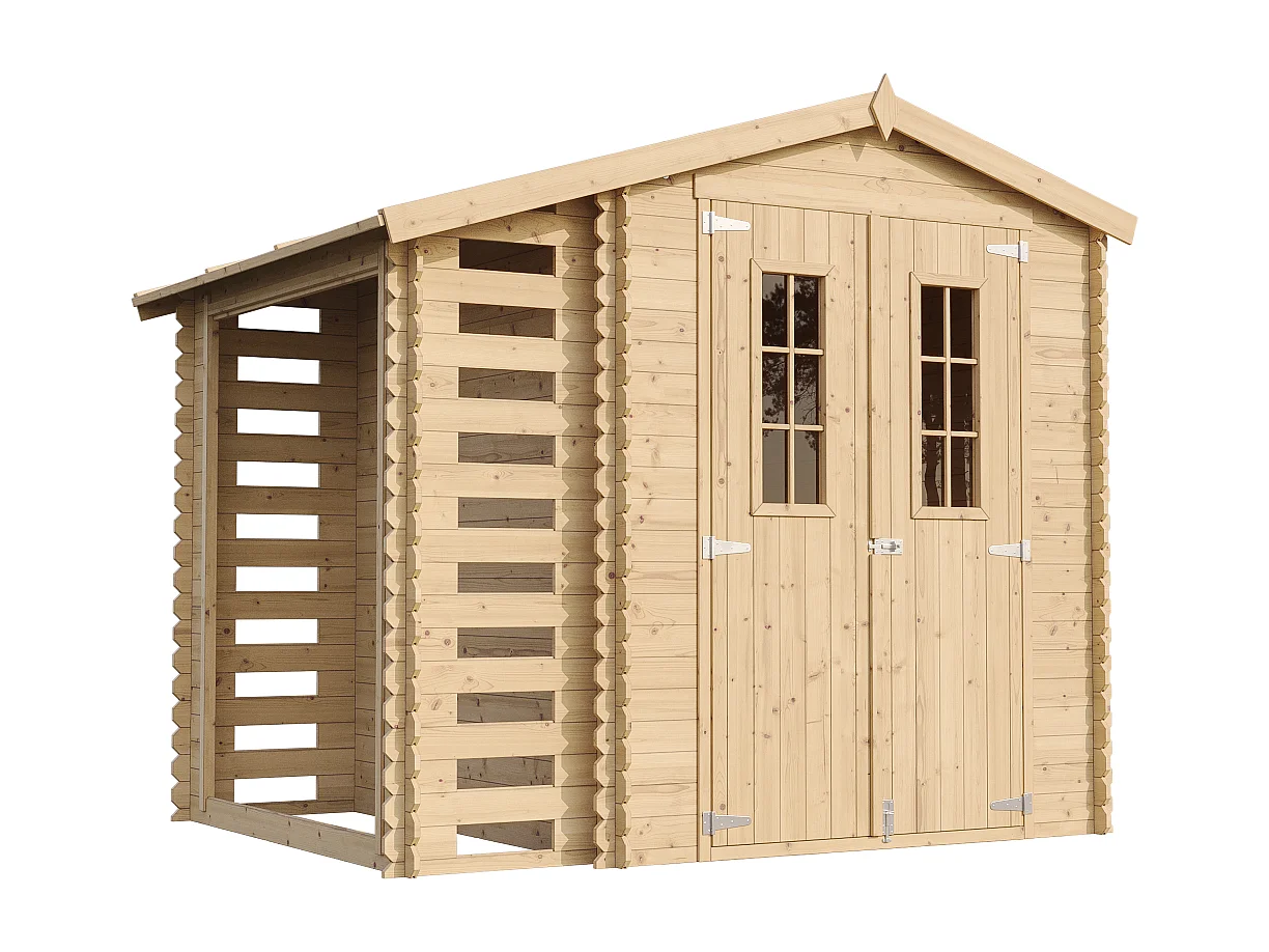 Abri de jardin en bois et range bûches extérieur AVEC SOL TRAITÉ - 3,53 + 0,97 m2 - TIMBELA M386C+M386G