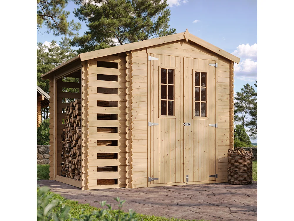 Abri de jardin en bois et range bûches extérieur AVEC SOL TRAITÉ - 3,53 + 0,97 m2 - TIMBELA M386C+M386G