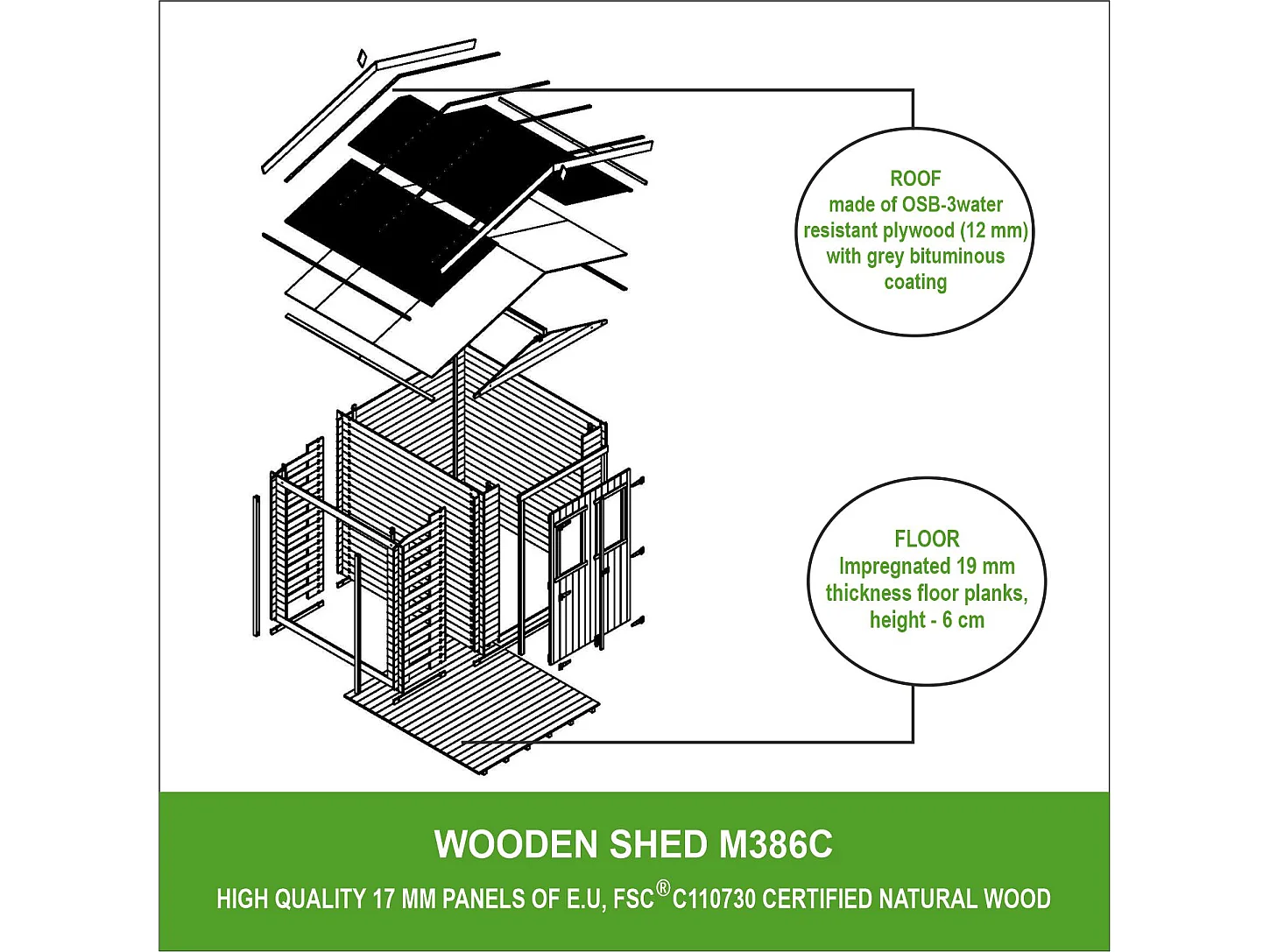 Abri de jardin en bois et range bûches extérieur avec sol traité - 3,53 + 0,97 m2 - M386C+M386G