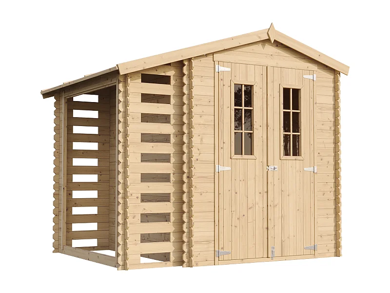 Abri de jardin en bois et range bûches extérieur AVEC SOL TRAITÉ - 3,53 + 0,97 m2 - TIMBELA M386C+M386G