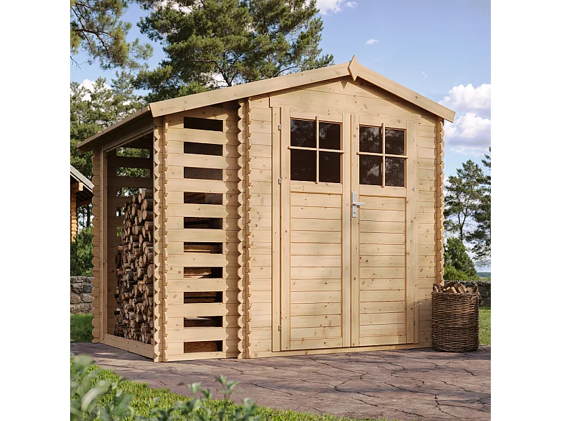 TIMBELA M386F Holzhaus Gartenhaus mit Brennholzschuppen -Hochwertige abschließbare Tür - 3,53 + 0,97 m2