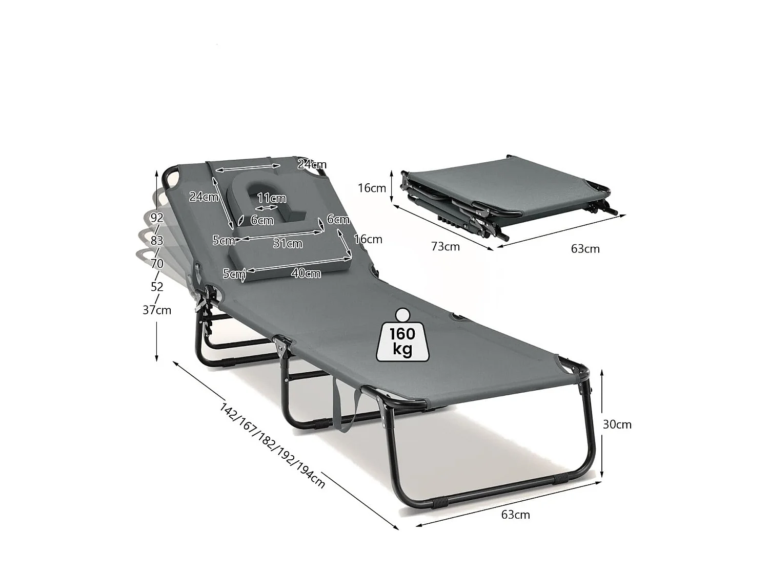 Klappbare Sonnenliege mit Gesichtsöffnung & 3 Kissen & 5-Fach Verstellbarer Rückenlehne Grau