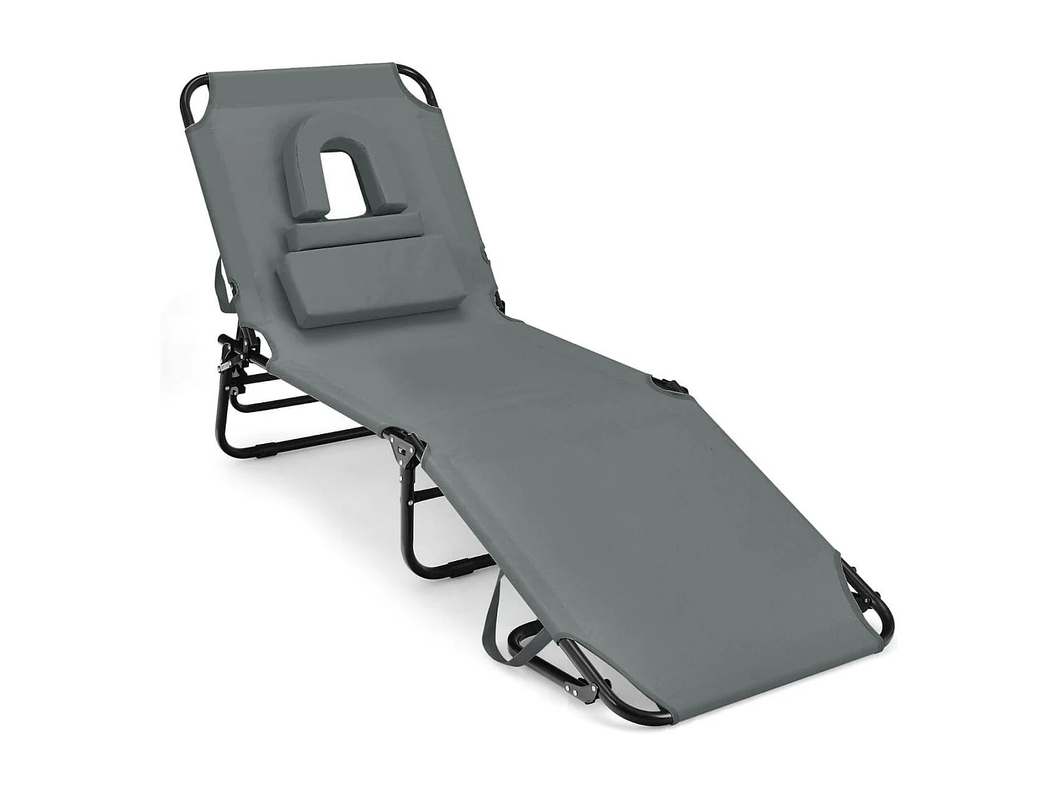 Chaise Longue de Bronzage Pliante Face vers Le Bas avec Trou 3 Coussins Amovibles et Dossier Réglable Sur 5 Positions Transat Gris