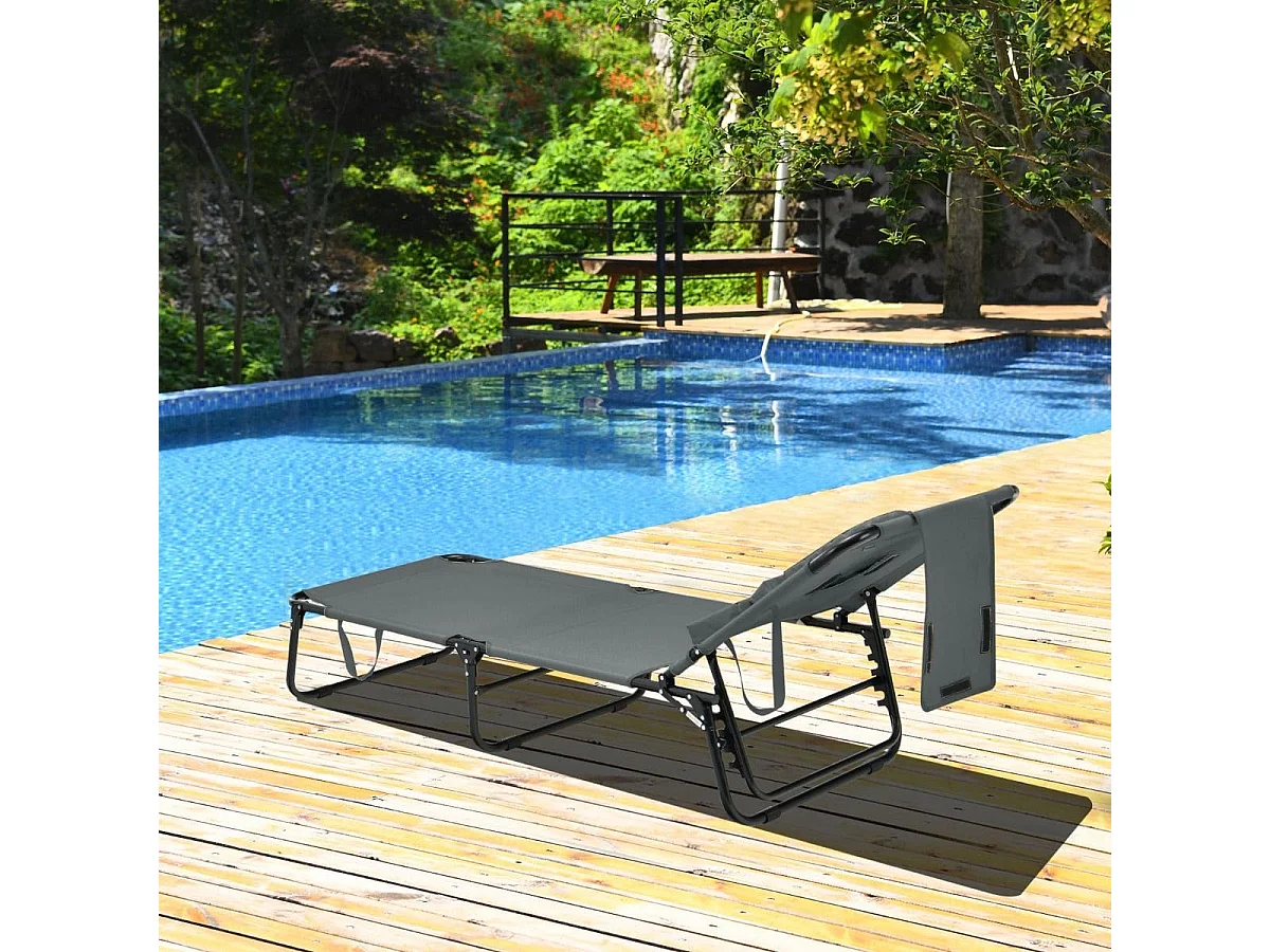Chaise Longue de Bronzage Pliante Face vers Le Bas avec Trou 3 Coussins Amovibles et Dossier Réglable Sur 5 Positions Transat Gris