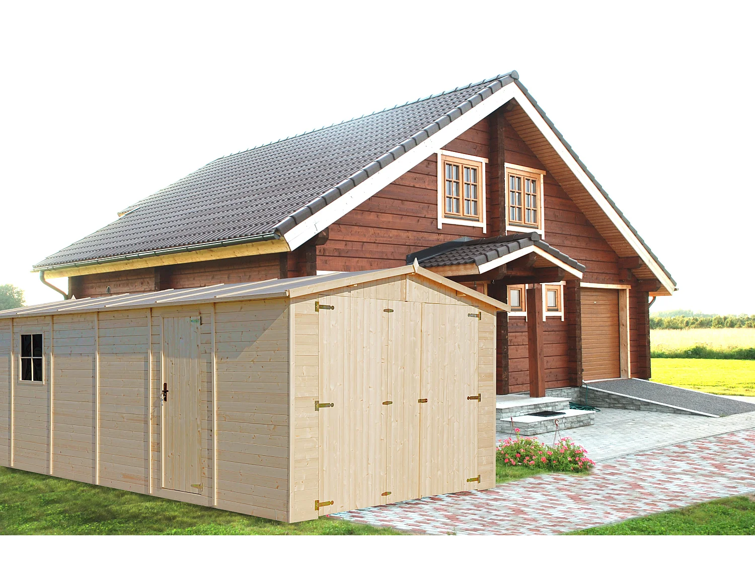 Garage en bois naturel - H222X616x324 cm/18 m² - M102
