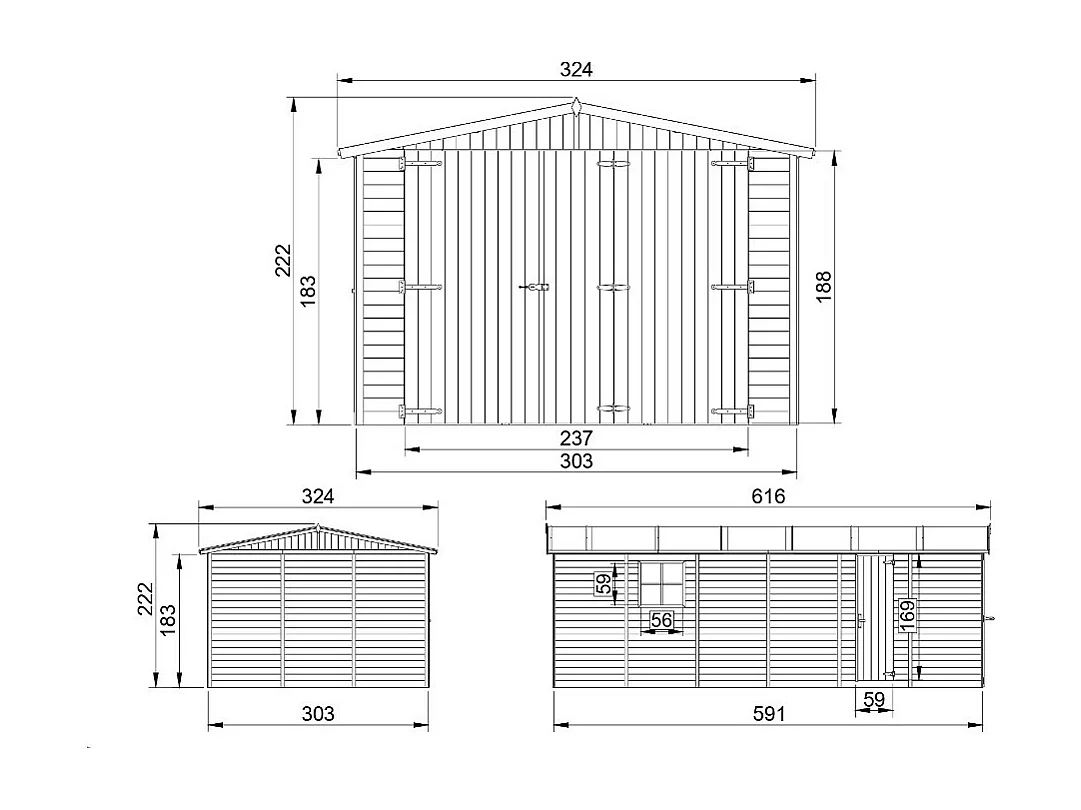 Garage en bois naturel - H222X616x324 cm/18 m² - M102