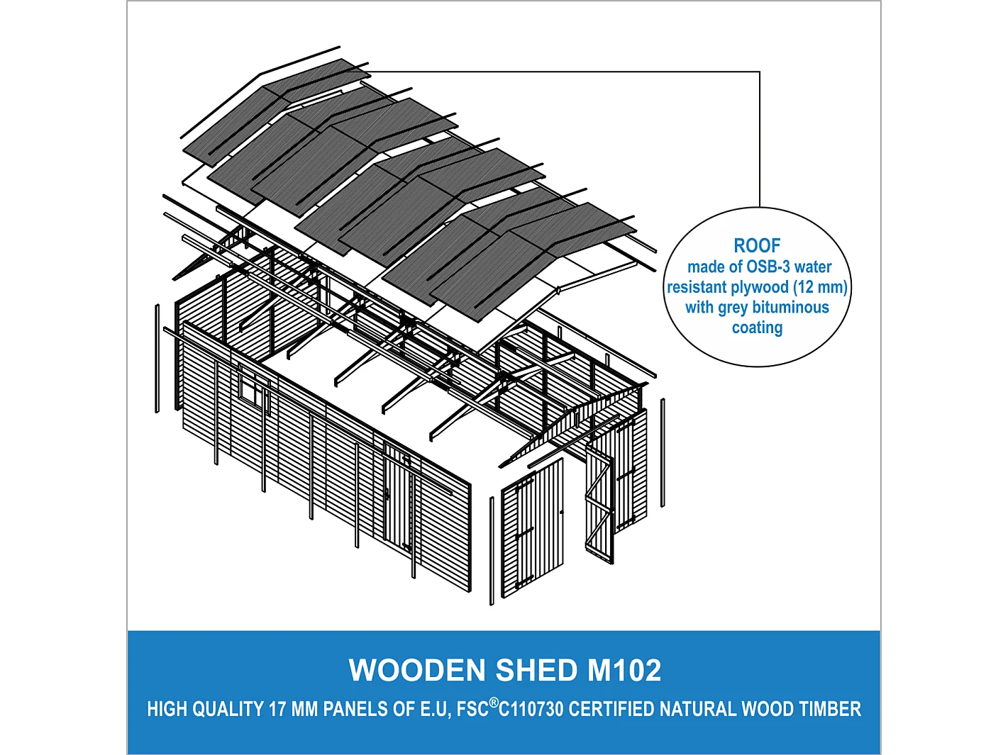 Garage en bois naturel - H222X616x324 cm/18 m² - M102