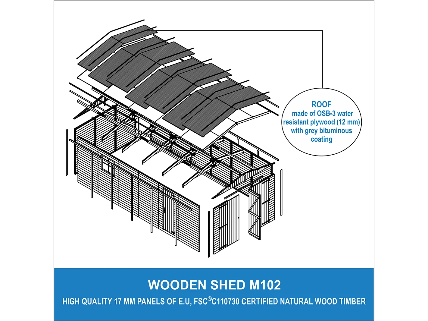 Garage en bois naturel - H222X616x324 cm/18 m² - M102