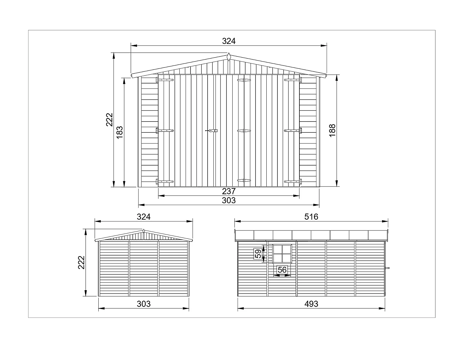 GARAGE en Bois Naturel - H222x516x324 cm/15 m² - TIMBELA M101