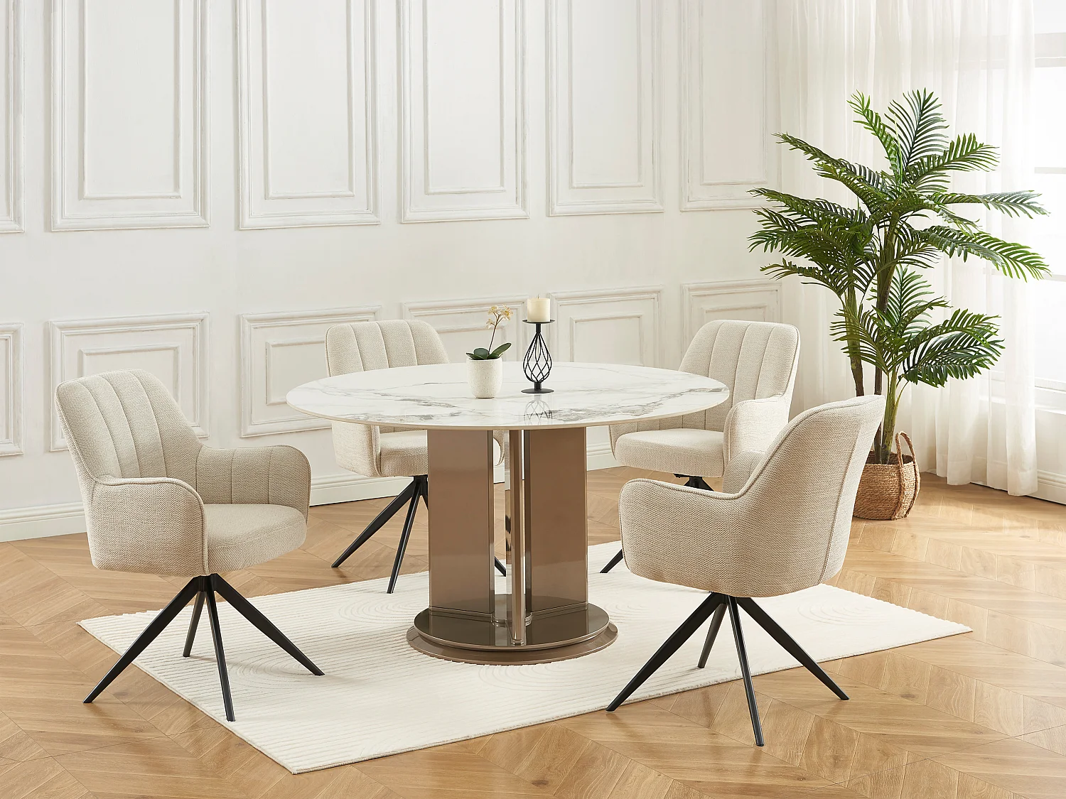 Lot de 6 chaises pivotantes avec accoudoirs en tissu et métal noir - Crème - LEJINA de Pascal Morabito