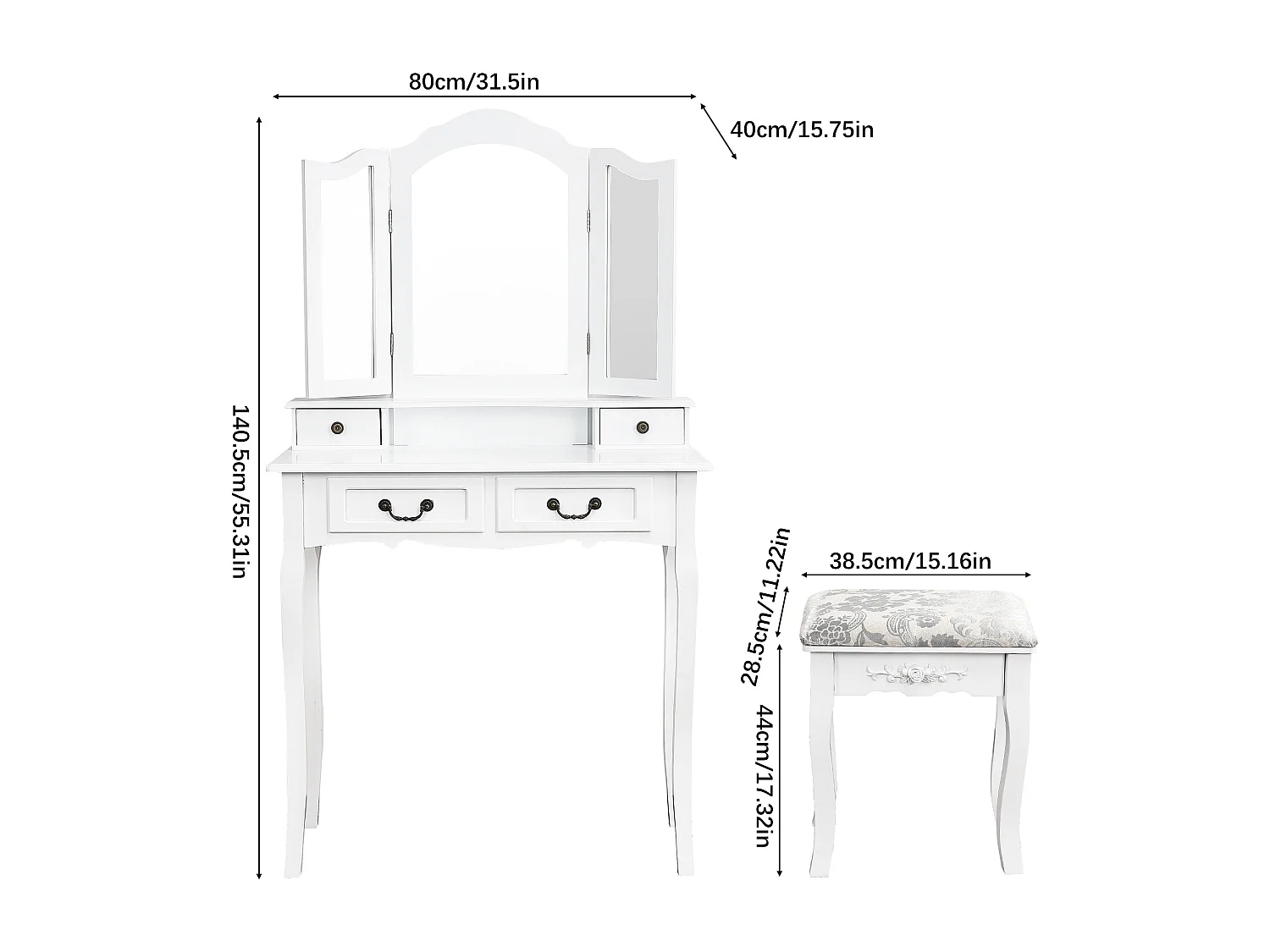Kaptafel, met kruk, 3 spiegels, draaibare spiegel en 4 lades, ideaal voor kinderen en volwassenen, wit
