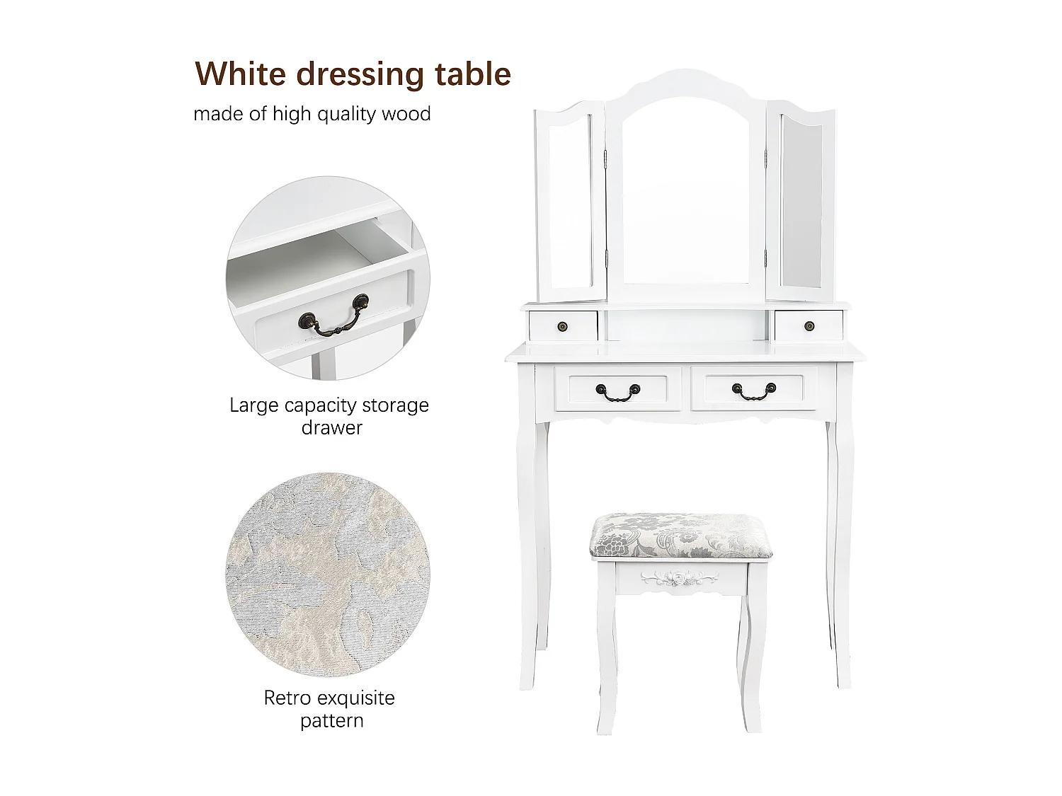 Tocador, con Taburete, 3 Espejos, Espejo Giratorio y 4 Cajones, Ideal para Niños y Adultos, Color Blanco