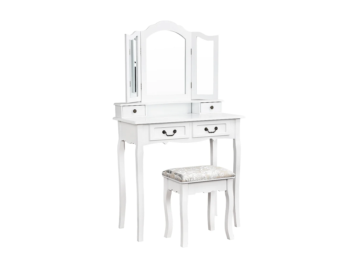 Tocador, con Taburete, 3 Espejos, Espejo Giratorio y 4 Cajones, Ideal para Niños y Adultos, Color Blanco