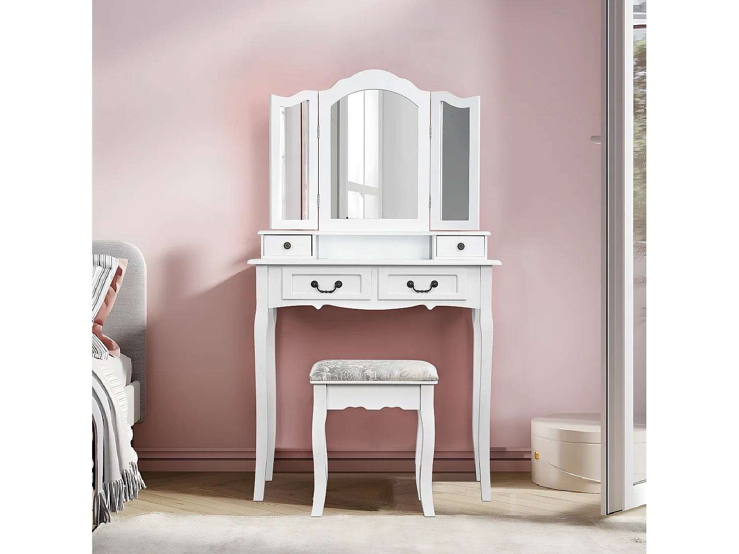 Tocador, con Taburete, 3 Espejos, Espejo Giratorio y 4 Cajones, Ideal para Niños y Adultos, Color Blanco
