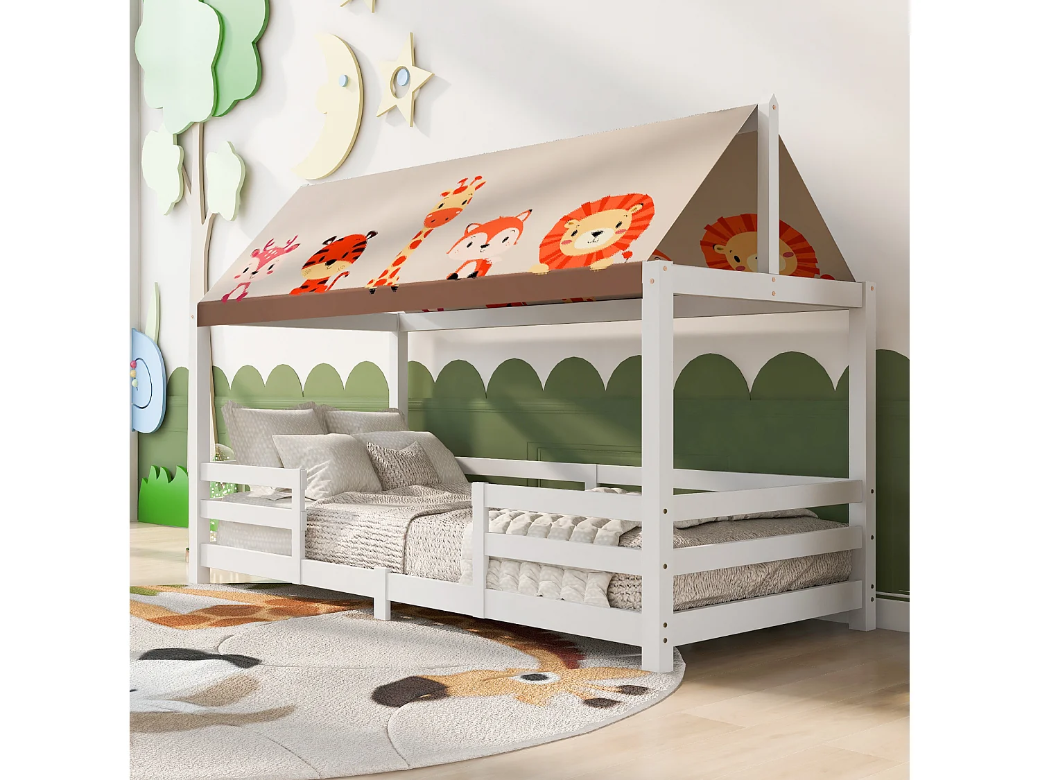 Lit cabane pour enfant 90x200 cm - avec Protection Contre Les Chutes et Toile de Tente - sommier à Lattes et Toit - lit d'adolescent - Blanc