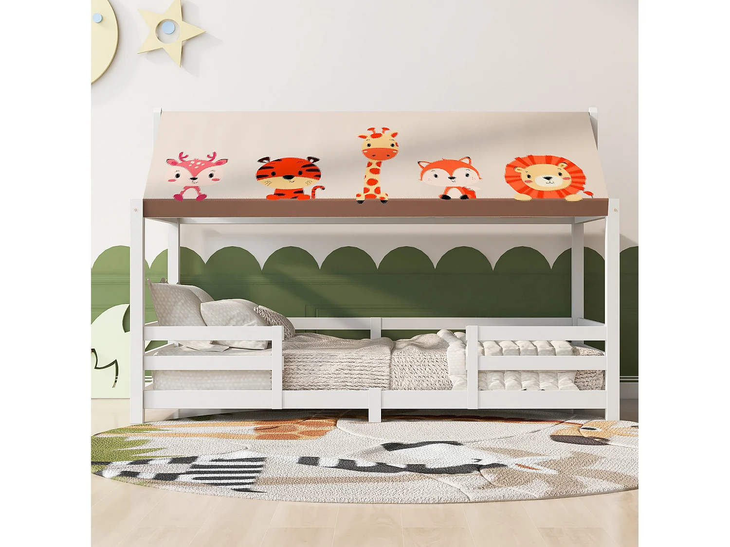 Lit cabane pour enfant 90x200 cm - avec Protection Contre Les Chutes et Toile de Tente - sommier à Lattes et Toit - lit d'adolescent - Blanc