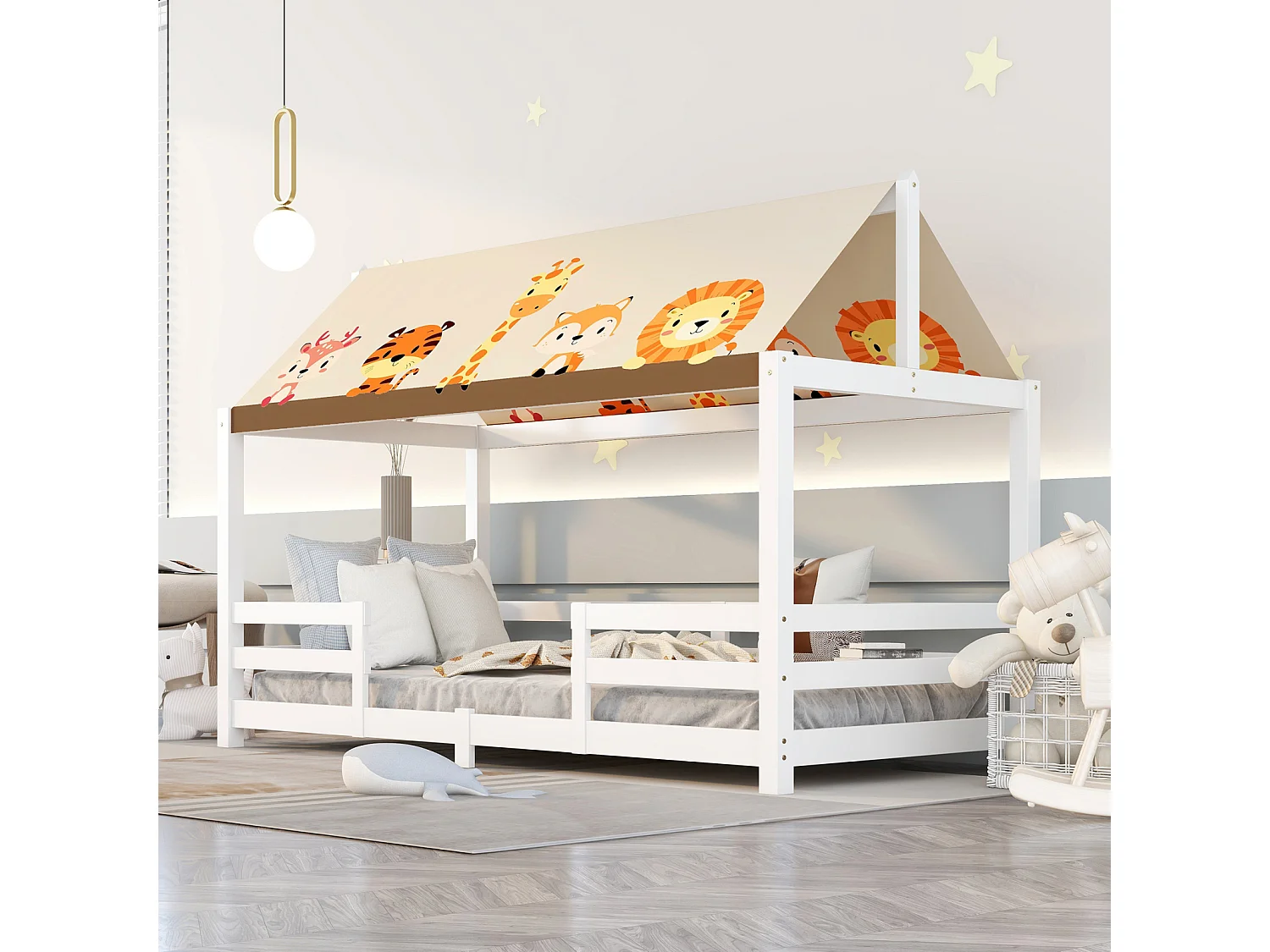 Lit cabane pour enfant 90x200 cm - avec Protection Contre Les Chutes et Toile de Tente - sommier à Lattes et Toit - lit d'adolescent - Blanc