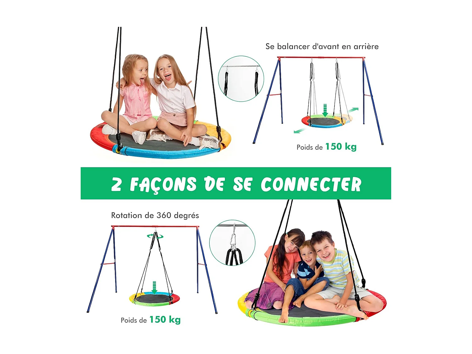 Balançoire Nid d'Oiseau Ø1m et Balançoire Ceinture 1,2m avec Cordes Réglables, 2 Façons de Suspendre, Charge Maximum 150kg