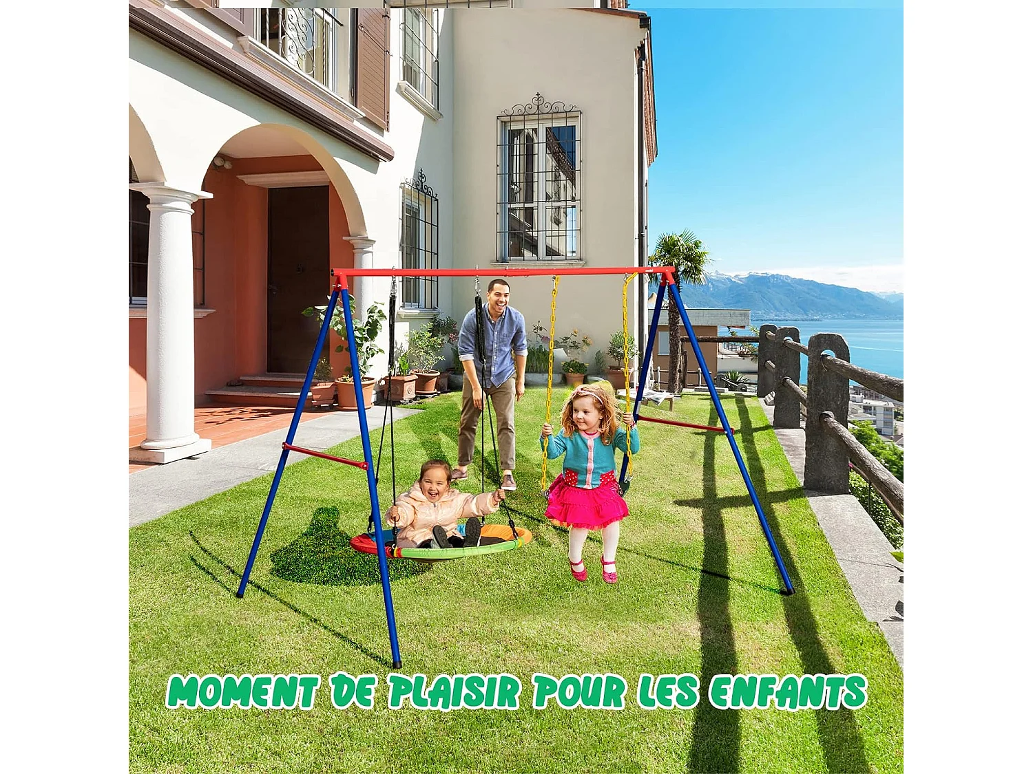 Balançoire Nid d'Oiseau Ø1m et Balançoire Ceinture 1,2m avec Cordes Réglables, 2 Façons de Suspendre, Charge Maximum 150kg