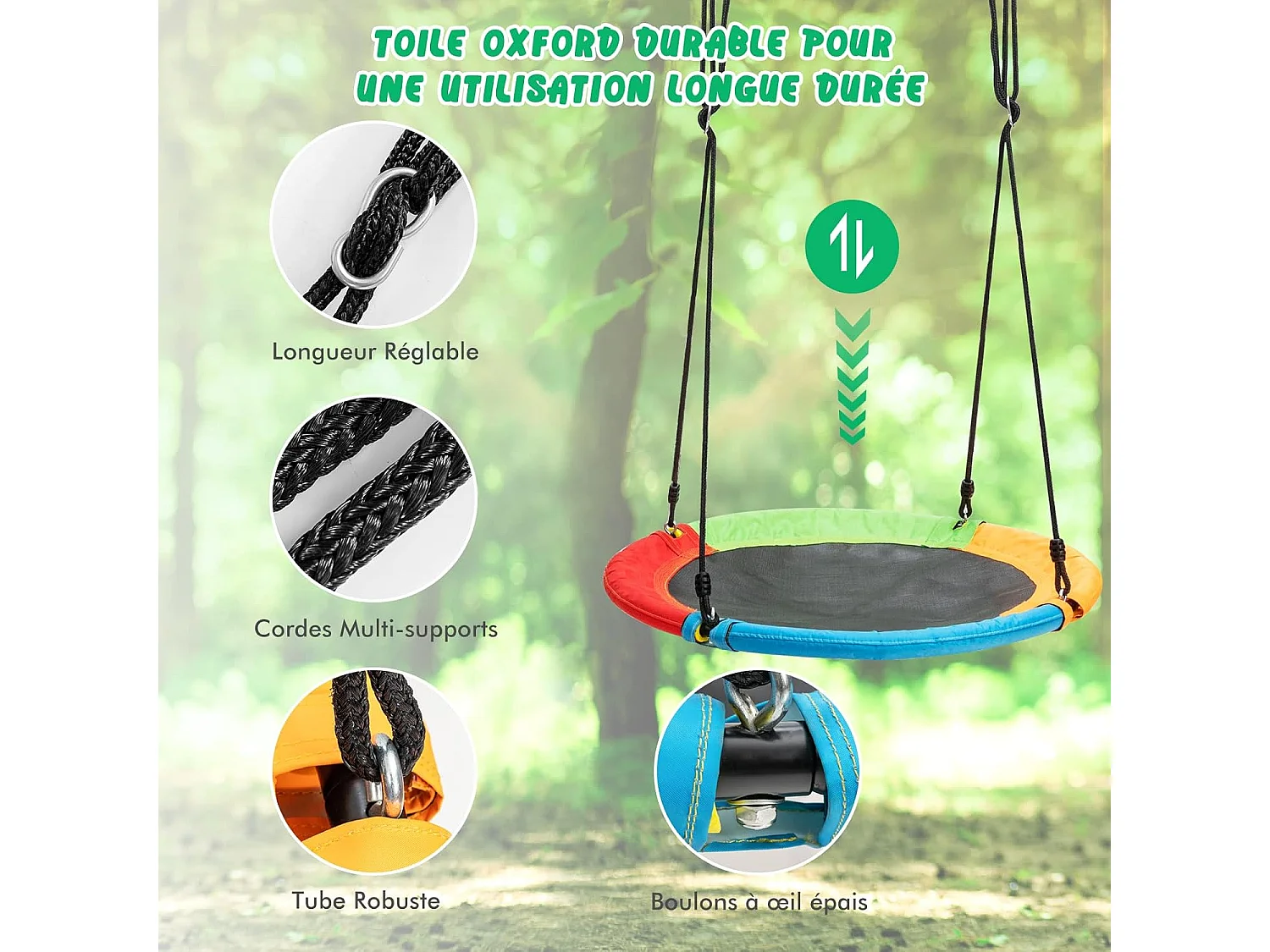 Balançoire Nid d'Oiseau Ø1m et Balançoire Ceinture 1,2m avec Cordes Réglables, 2 Façons de Suspendre, Charge Maximum 150kg