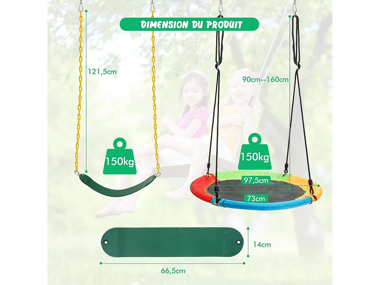 Balançoire Nid d'Oiseau Ø1m et Balançoire Ceinture 1,2m avec Cordes Réglables, 2 Façons de Suspendre, Charge Maximum 150kg