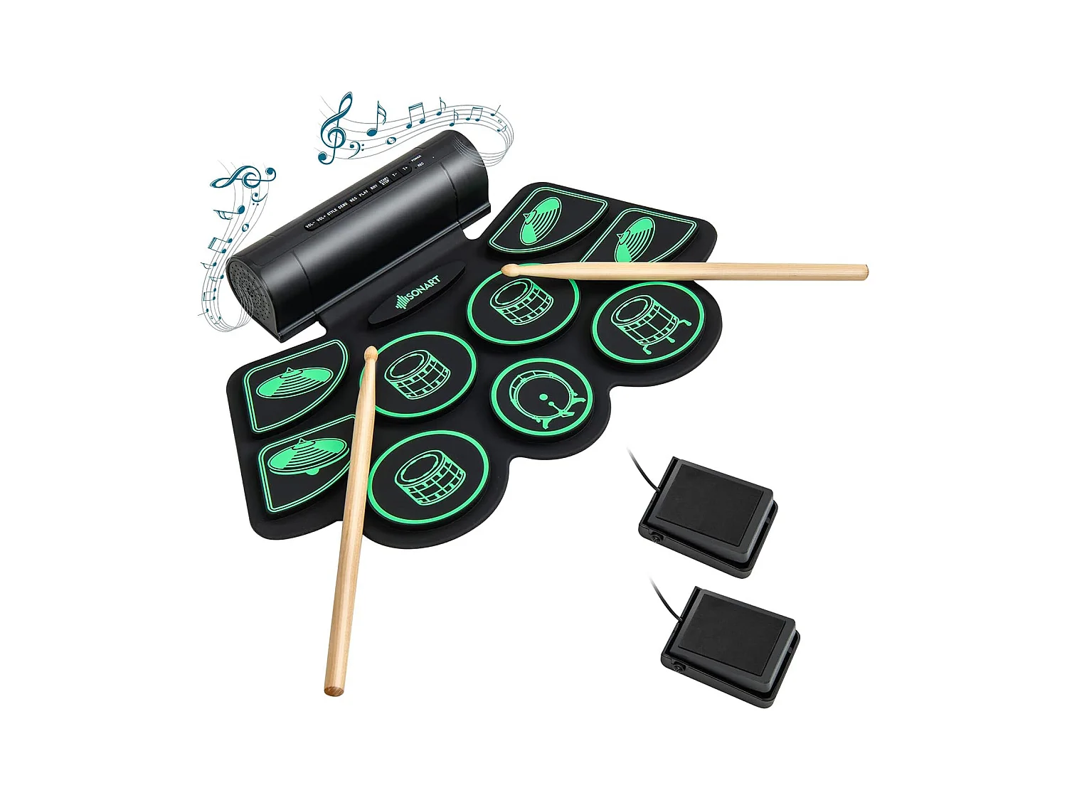 Batterie electronique portable,9 pads,fonction midi,4 morceaux, vert