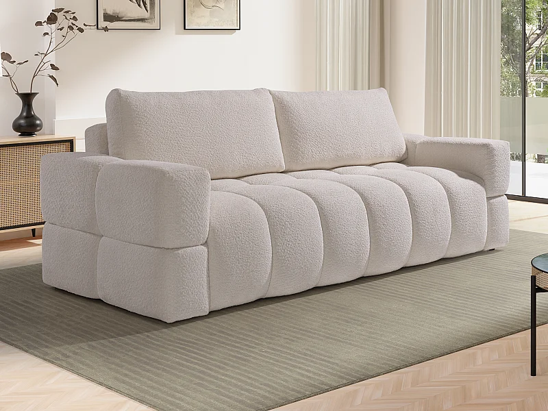 Sofá de 3 lugares convertível em tecido bouclé cor creme - ISSORO II