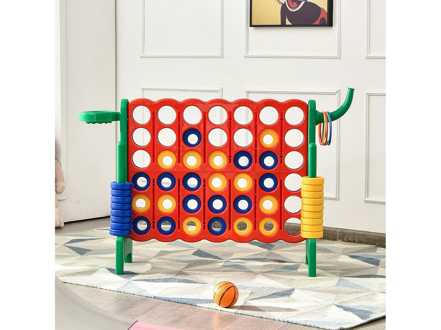 Jeux puissance 4 géant multifonction 3 en 1 avec cerceau de basket-ball jeu d’anneaux au côté 42 anneaux