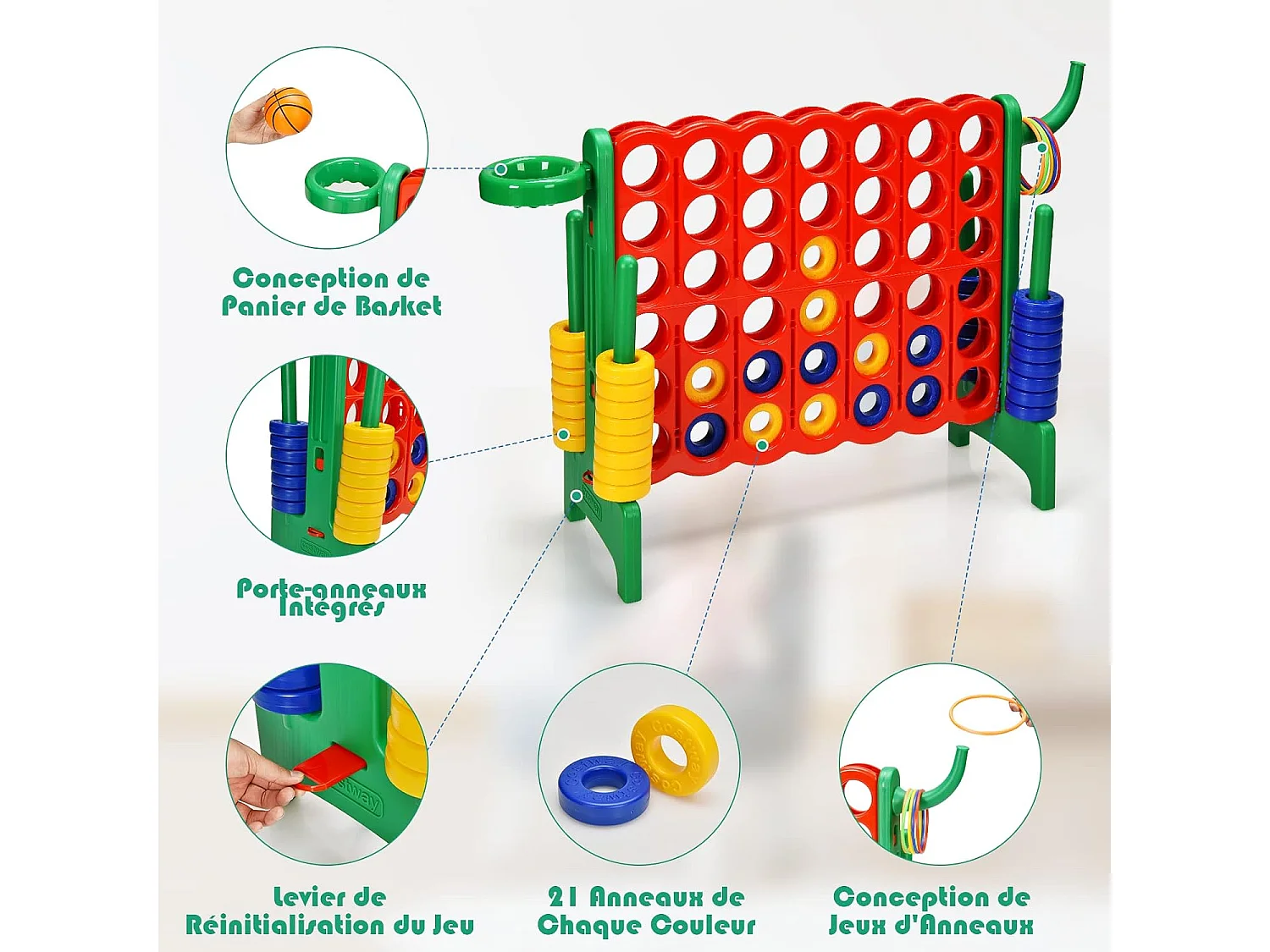 Jeux puissance 4 géant multifonction 3 en 1 avec cerceau de basket-ball jeu d’anneaux au côté 42 anneaux