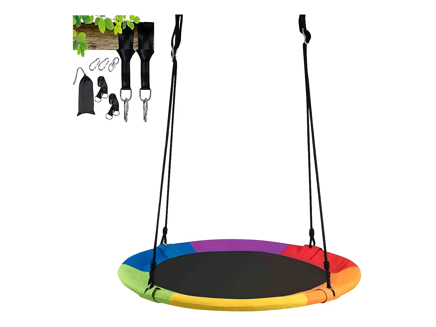 Balançoire Nid d’Oiseau Rond 100CM de Diamètre pour Arbre avec Sangle de Suspension Charge Max 150 KG Extérieur Multicolore