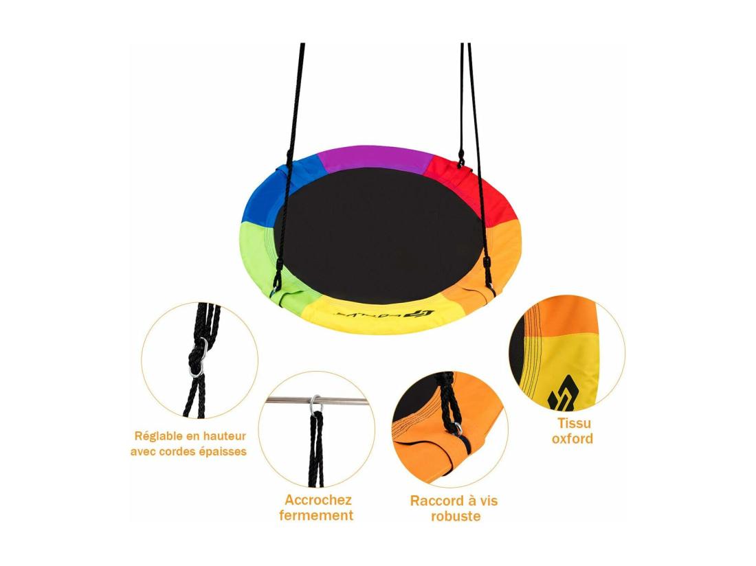 vente unique Balançoire Nid d’Oiseau Rond 100CM de Diamètre pour Arbre avec Sangle de Suspension Charge Max 150 KG Extérieur Multicolore