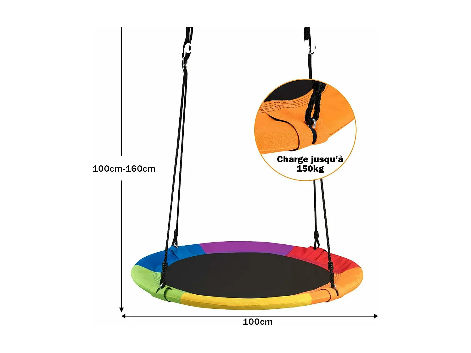 Balançoire Nid d’Oiseau Rond 100CM de Diamètre pour Arbre avec Sangle de Suspension Charge Max 150 KG Extérieur Multicolore