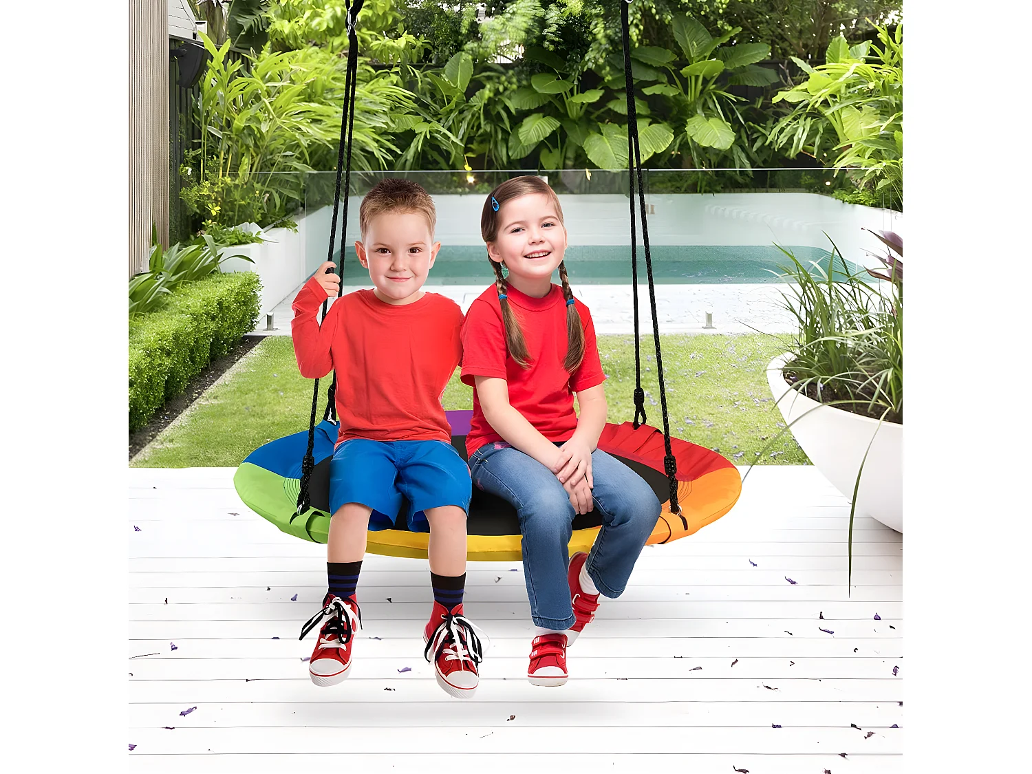 Balançoire Nid d’Oiseau Rond 100CM de Diamètre pour Arbre avec Sangle de Suspension Charge Max 150 KG Extérieur Multicolore