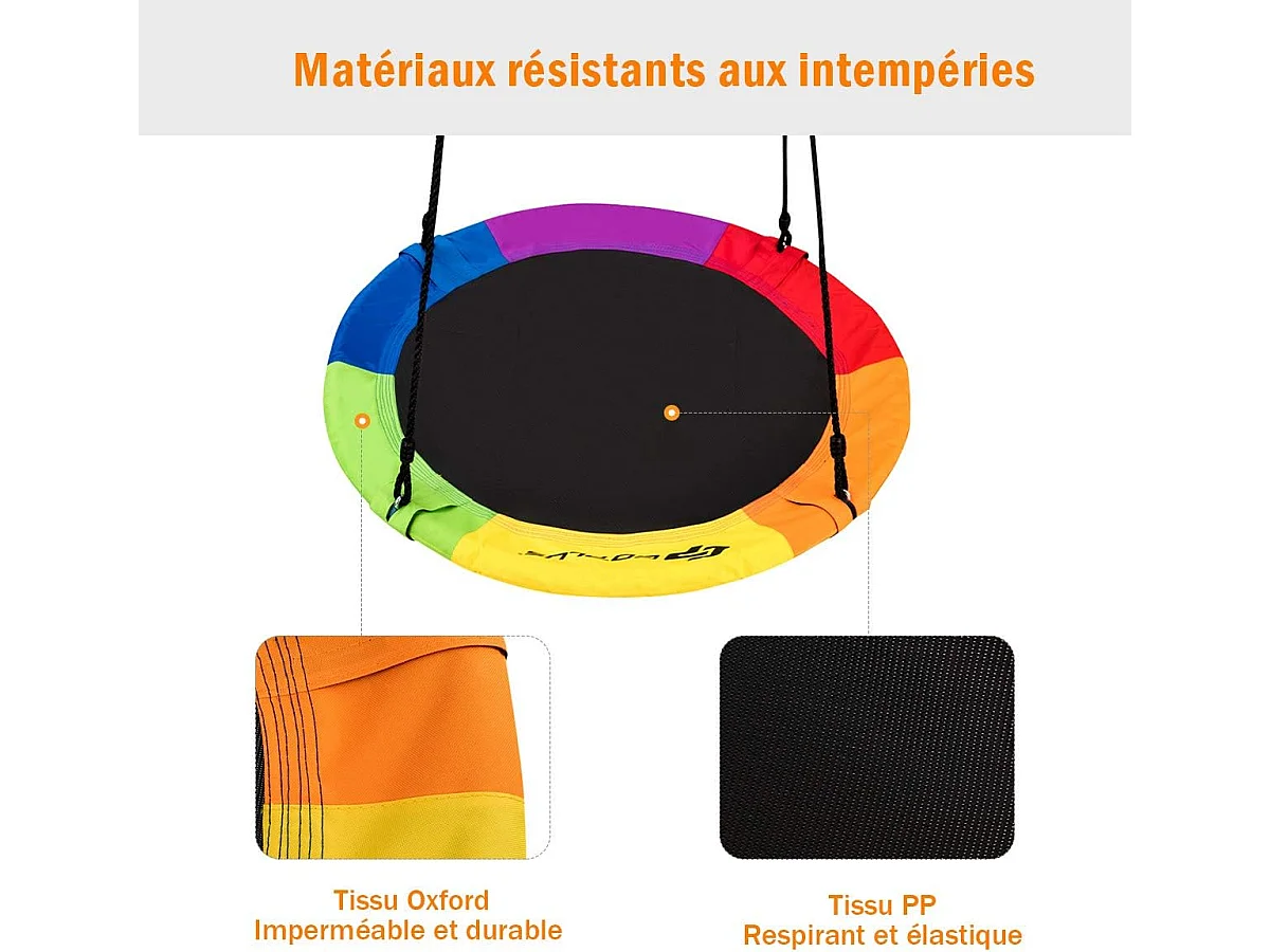 Balançoire Nid d’Oiseau Rond 100 CM de Diamètre pour Arbre Supporté de Charge Maximale 150 KG Extérieur Multicolore