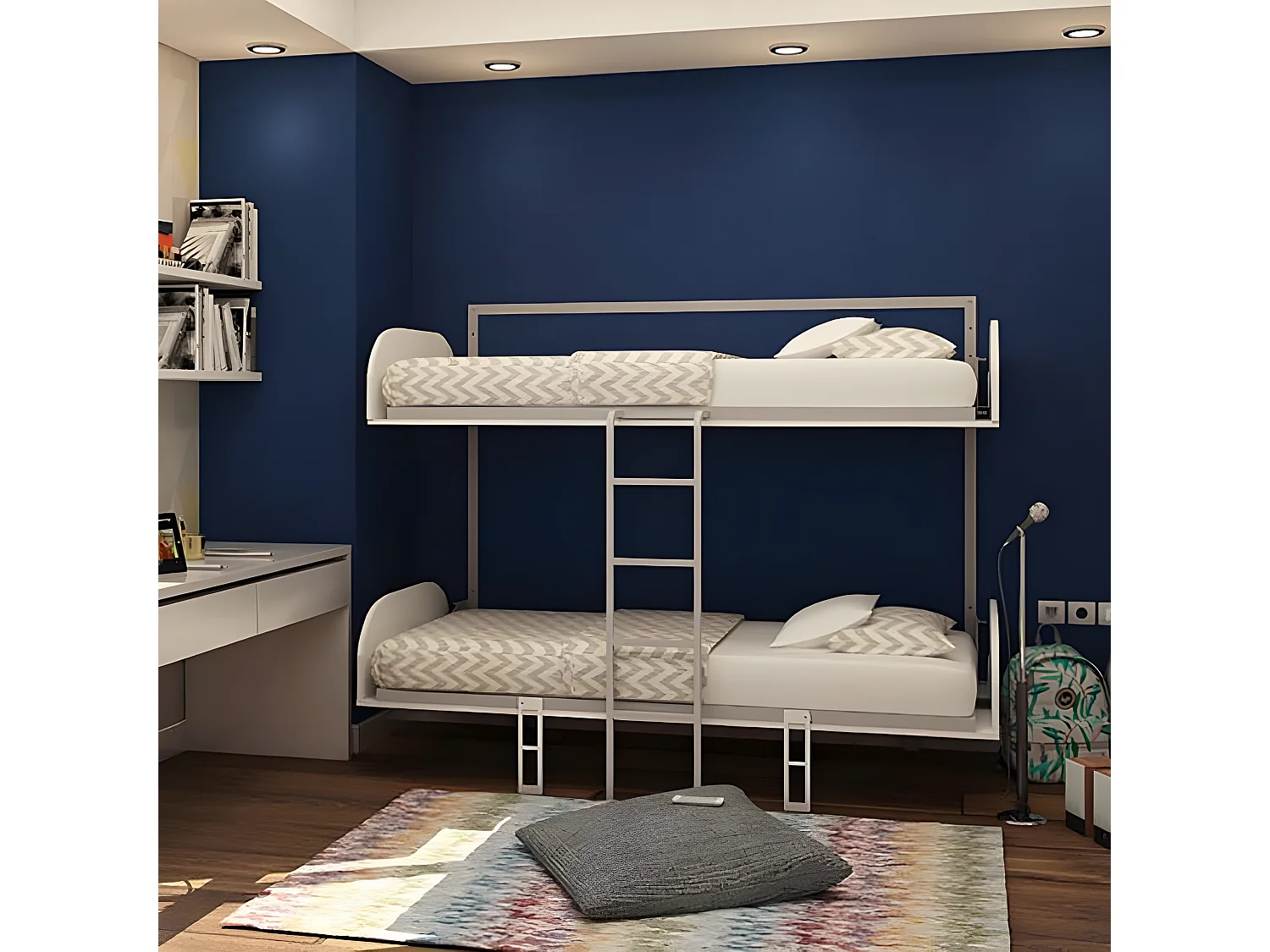 Lit superposé escamotable + matelas blanc 90x200/90x200cm