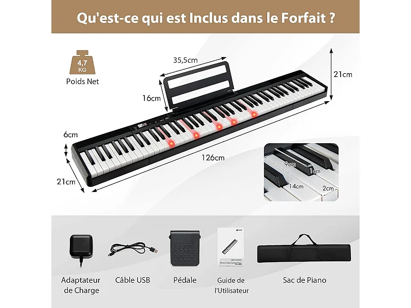 Clavier numérique piano 88 touches portable, semi-lourd avec sac de rangement pour enfants&adultes, noir
