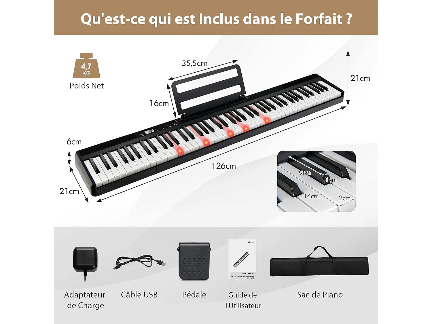 Clavier numérique piano 88 touches portable, semi-lourd avec sac de rangement pour enfants&adultes, noir