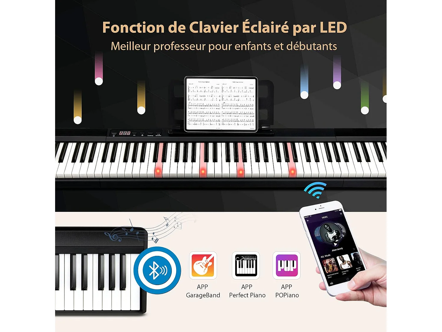 Clavier numérique piano 88 touches portable, semi-lourd avec sac de rangement pour enfants&adultes, noir