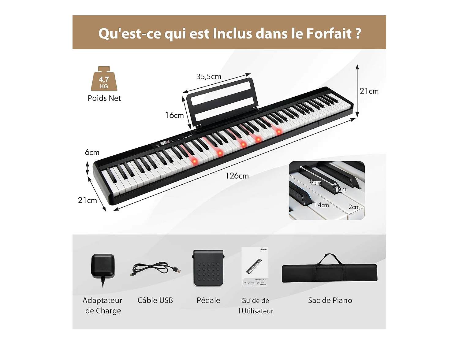 Clavier numérique piano 88 touches portable, semi-lourd avec sac de rangement pour enfants&adultes, noir