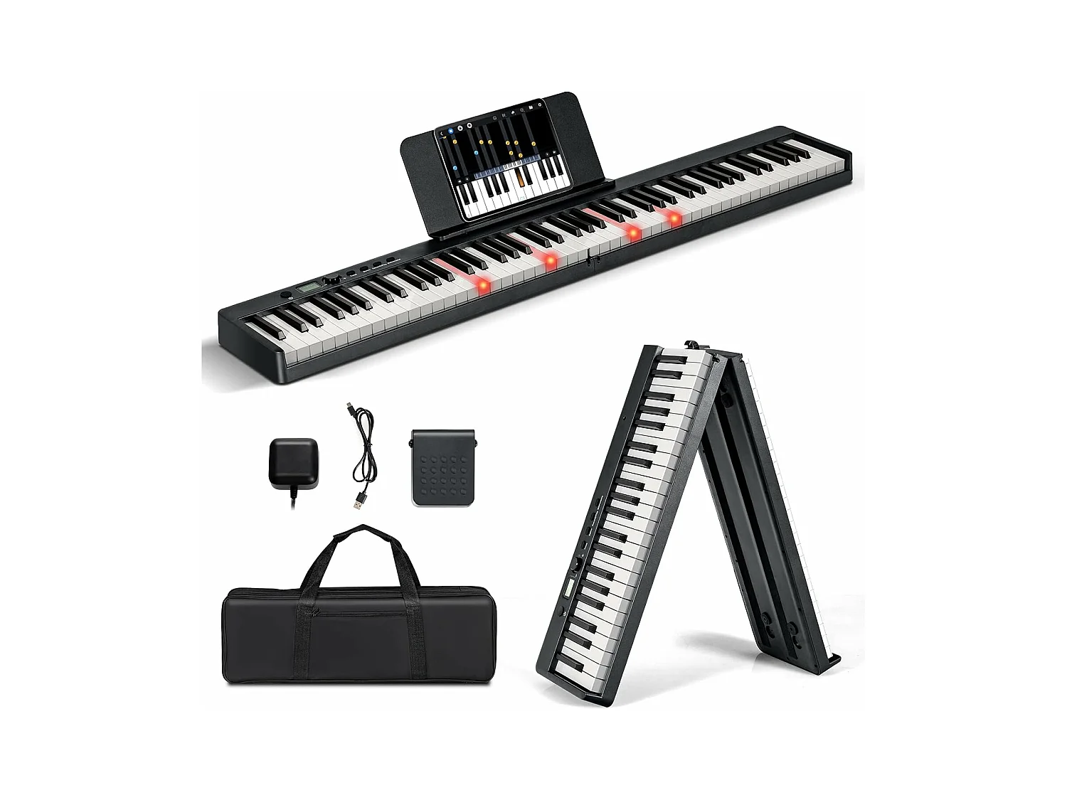 88 toetsen opvouwbare digitale piano met muziekstandaard, draagbaar elektrisch keyboard met verlichte toetsen, 2 leermodi, MP3/USB/MIDI, 3 jaar+, zwart