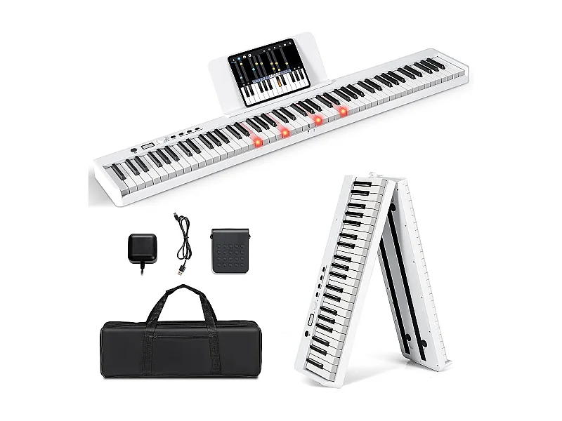 Piano Numérique Pliable à 88 Touches avec Pupitre, 2 Modes d'Apprentissage, MP3/USB/MIDI 126x20,5x6cm, Blanc
