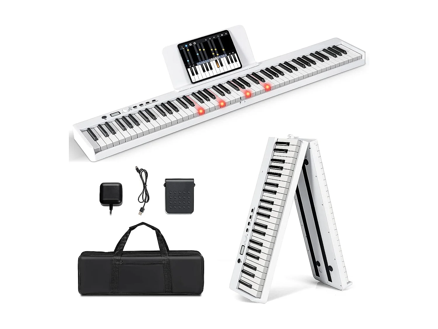 Piano Numérique Pliable à 88 Touches avec Pupitre, 2 Modes d'Apprentissage, MP3/USB/MIDI 126x20,5x6cm, Blanc