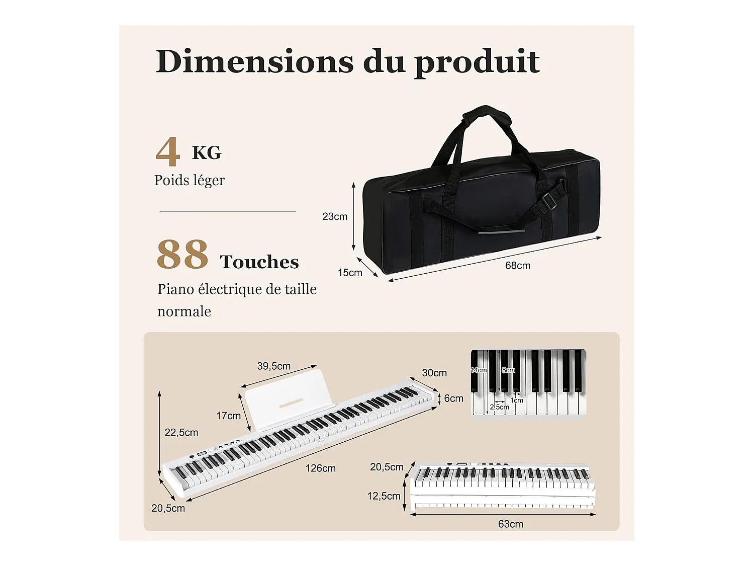 Piano Numérique Pliable à 88 Touches avec Pupitre, 2 Modes d'Apprentissage, MP3/USB/MIDI 126x20,5x6cm, Blanc