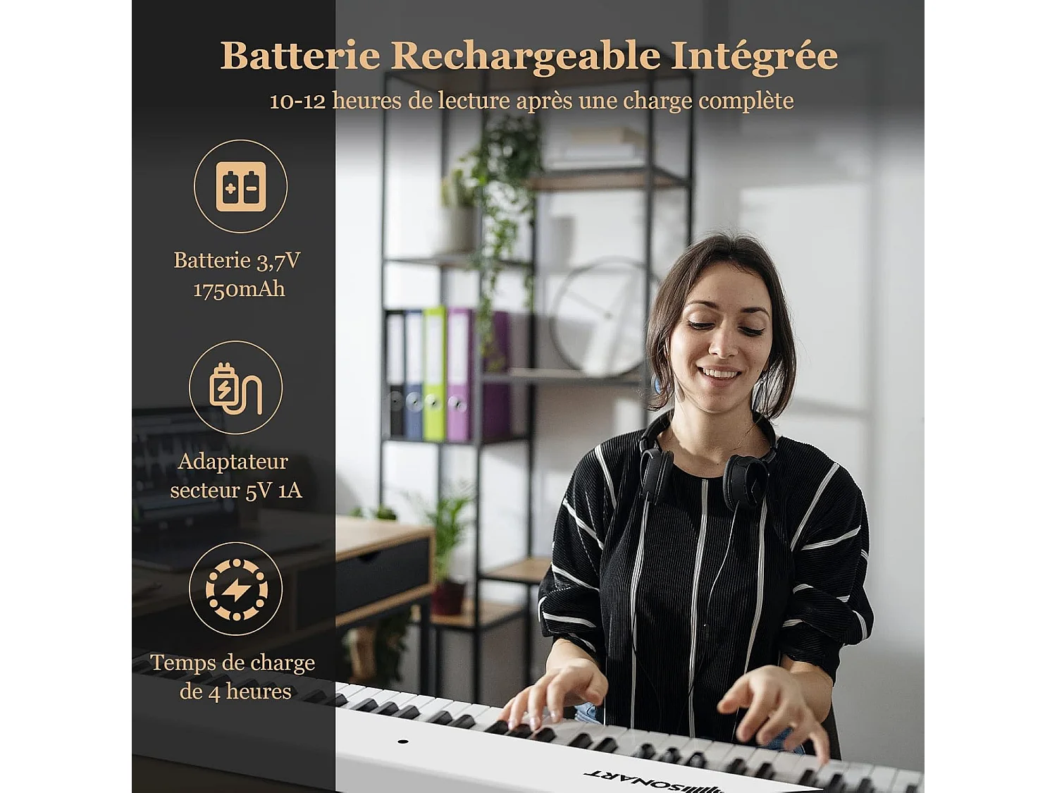 Piano Numérique Pliable à 88 Touches avec Pupitre, 2 Modes d'Apprentissage, MP3/USB/MIDI 126x20,5x6cm, Blanc